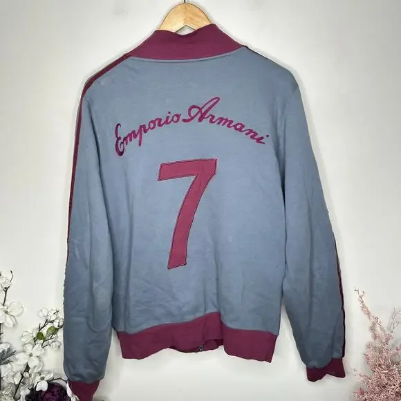 EMPORIO ARMANI Reversible Bomber Jacket Satin Gray Maroon Sz L $995